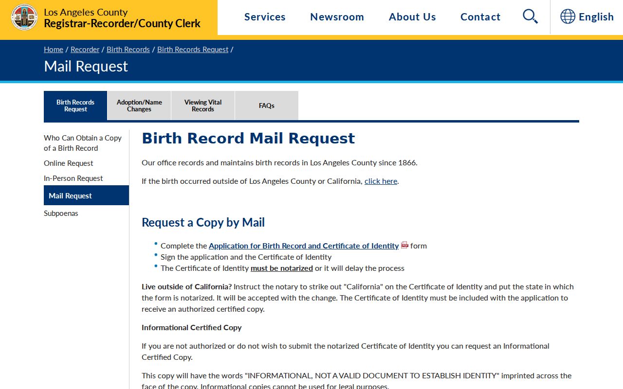 Norwalk public records birth certificate mail request instructions