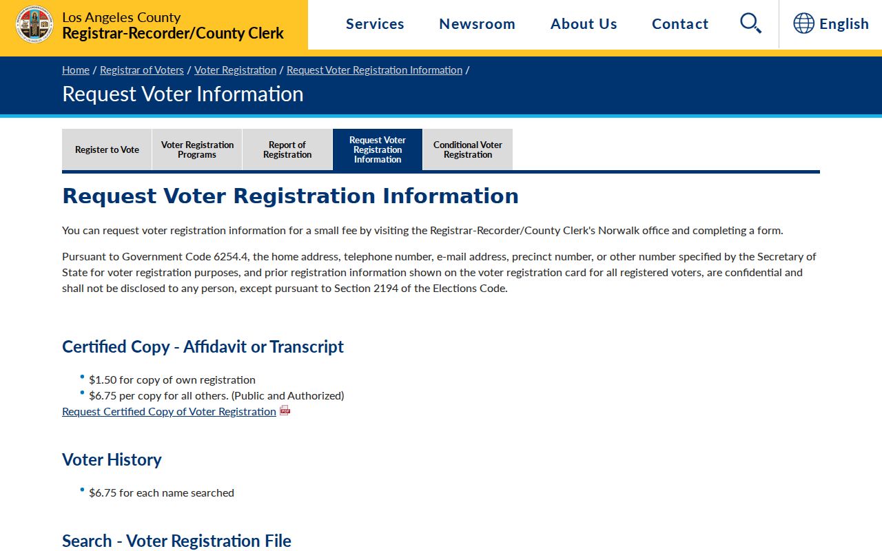 Norwalk voter records Los Angeles County request page
